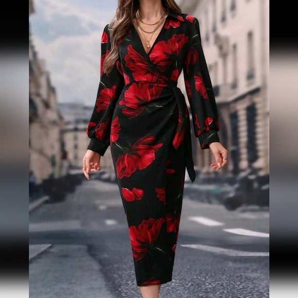 Modely Long Sleeve V-Neck Allover Floral Print Casual Dress For New Year C - Picture 3 of 5